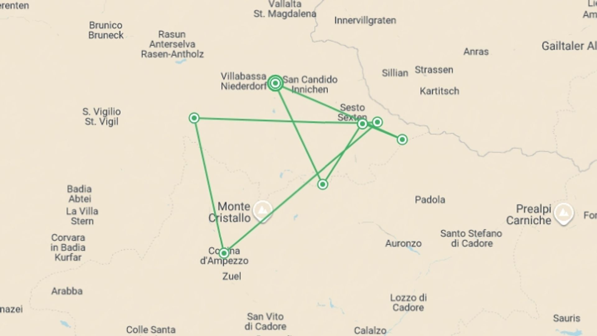 A map showing the tour itinerary for the trip: Walks in the Italian Dolomites, starting in Dobbiaco, Italy and ending in Dobbiaco, Italy going through 5 other destinations.