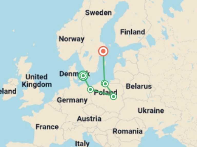 Map of Scandinavia Tour with 6 destination visits for the trip: Nordic Gems and Poland End Stockholm