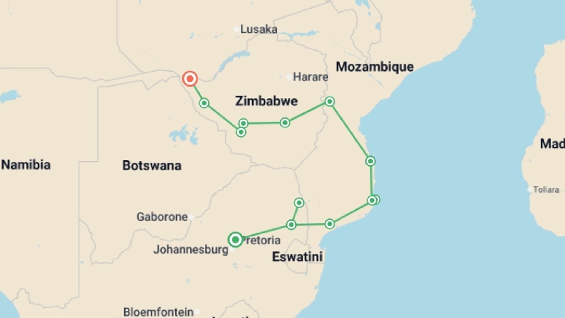 A map showing the tour itinerary for the trip: 14-day Mozambique and Zimbabwe Explorer Camping, starting in Pretoria, South Africa and ending in Victoria Falls, Zimbabwe going through 11 other destinations.