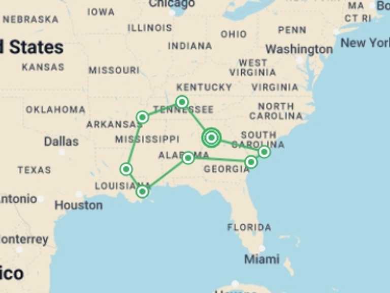 Map of a Museum and gallery visits Tour with 8 destination visits for the trip: The American South