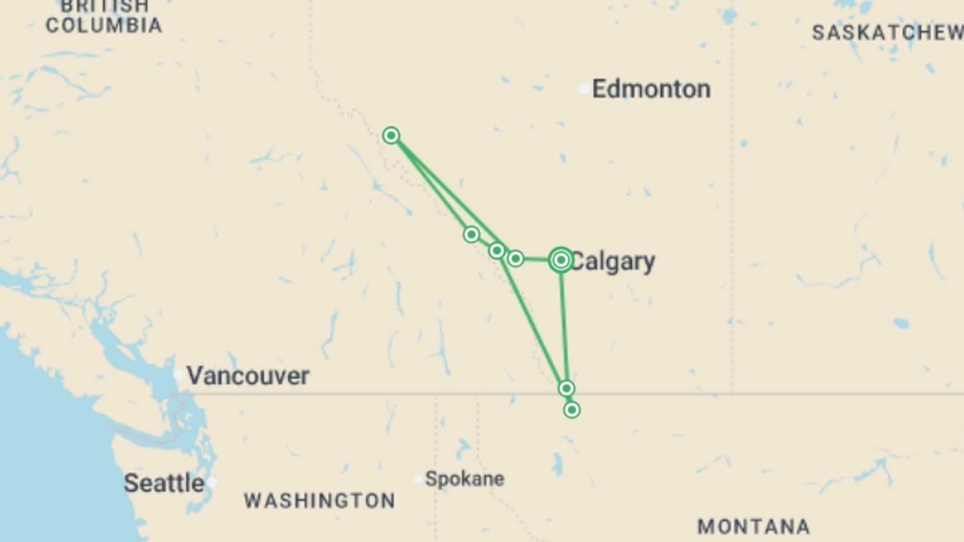 A map showing the tour itinerary for the trip: Secrets of the Rockies and Glacier National Park, starting in Calgary, Canada and ending in Calgary, Canada going through 6 other destinations.