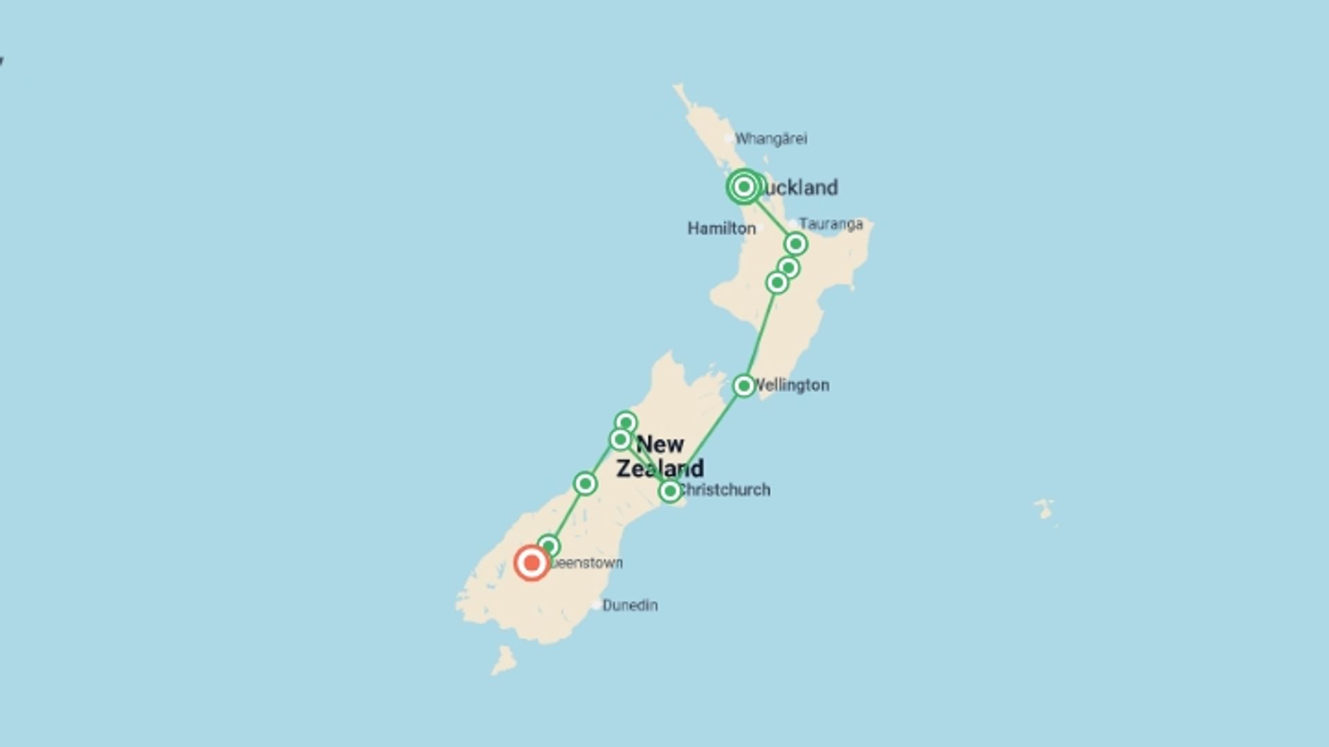 A map showing the tour itinerary for the trip: Premium New Zealand Encompassed, starting in Auckland, New Zealand and ending in Queenstown, New Zealand going through 9 other destinations.