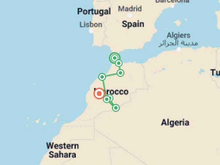 Map of 14-Day Marrakech Tour with 8 destination visits for the trip: Morocco: North, South & Marrakech