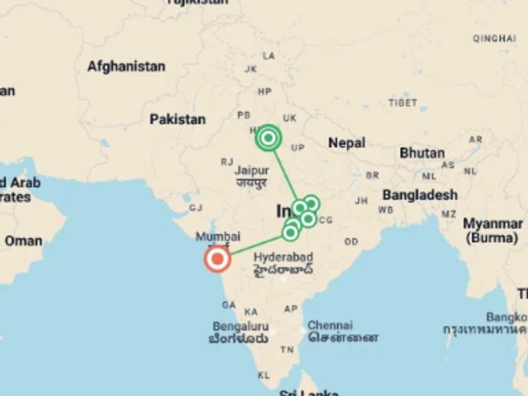Map of New Delhi Art and architecture Tour with 6 destination visits for the trip: Madhya Pradesh Wildlife Tour