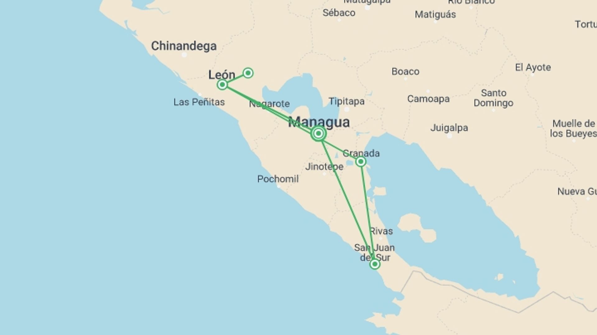 A map showing the tour itinerary for the trip: Chavala Experience Tour, starting in Managua, Nicaragua and ending in Managua, Nicaragua going through 4 other destinations.