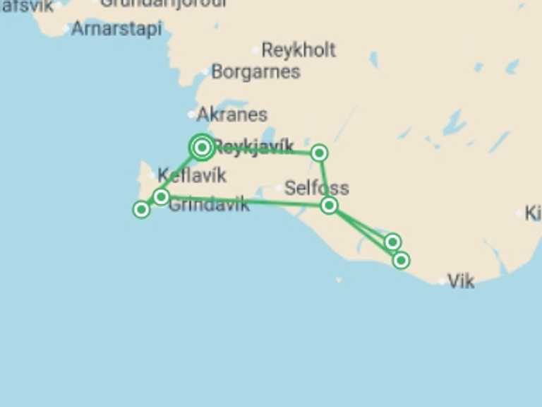 Map of Reykjavik Adventure Tour with 2 destination visits for the trip: New Years Land Of The Northern Lights Comfort - 5 days