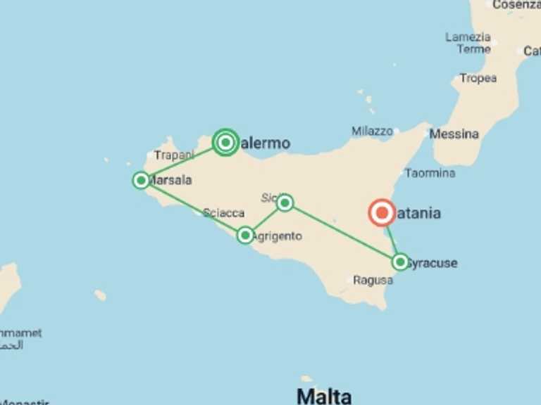 Map of Europe Tour with 7 destination visits for the trip: Sicily Food & Wine