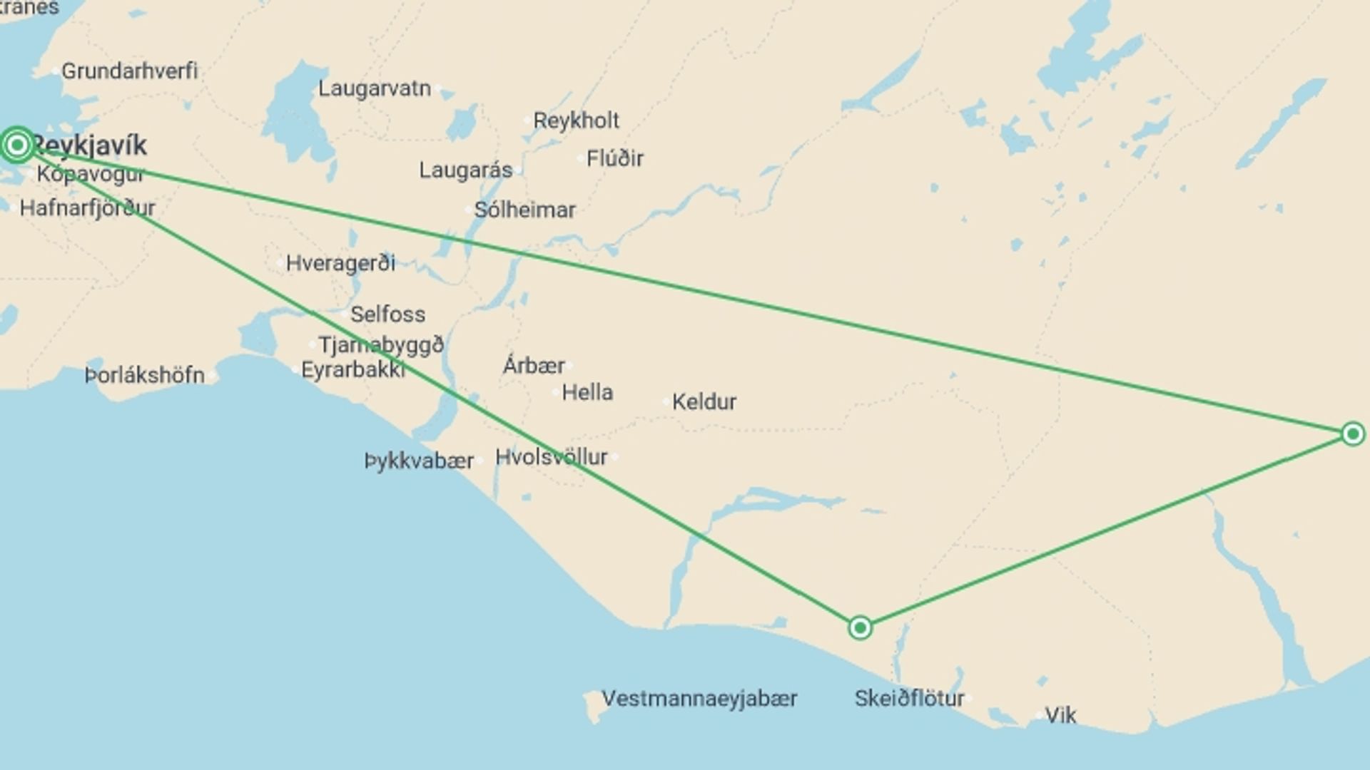 A map showing the tour itinerary for the trip: Volcanoes & the Golden Circle - 4 days, starting in Reykjavik, Iceland and ending in Reykjavik, Iceland going through 2 other destinations.