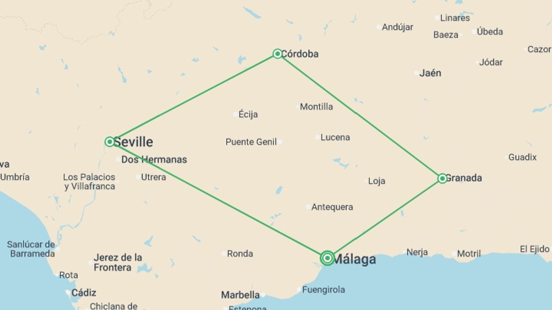 A map showing the tour itinerary for the trip: Andalusia Essentials, Self-drive, starting in undefined, Spain and ending in undefined, Spain going through 0 other destinations.