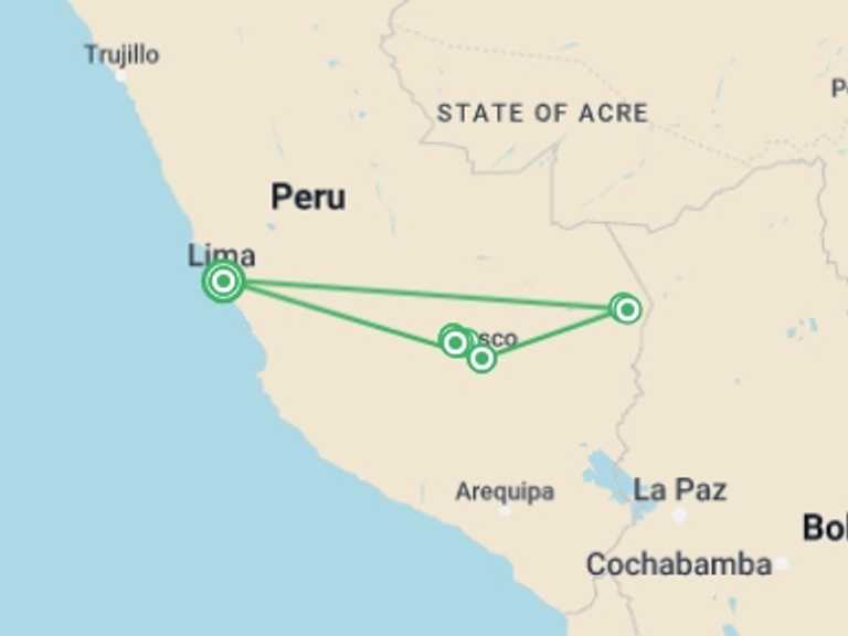 Map of Lima Tour with 9 destination visits for the trip: Amazon to the Andes