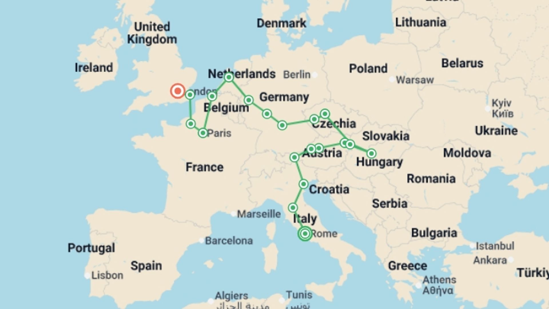 A map showing the tour itinerary for the trip: European Dance, starting in Rome, Italy and ending in London, England going through 10 other destinations.