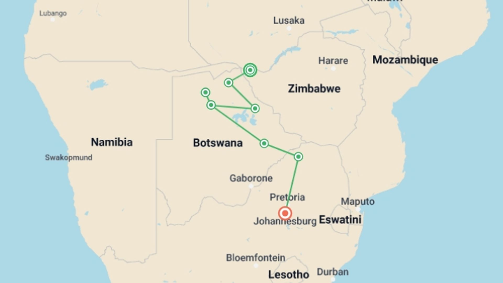 A map showing the tour itinerary for the trip: Botswana Family Safari with Teenagers, starting in Victoria Falls, Zimbabwe and ending in Johannesburg, South Africa going through 6 other destinations.