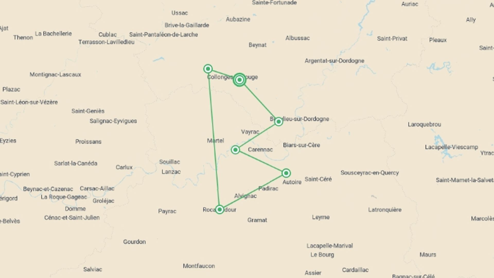 A map showing the tour itinerary for the trip: Dordogne's Hidden Treasures on Foot - 10 Days, starting in Meyssac, France and ending in Meyssac, France going through 6 other destinations.