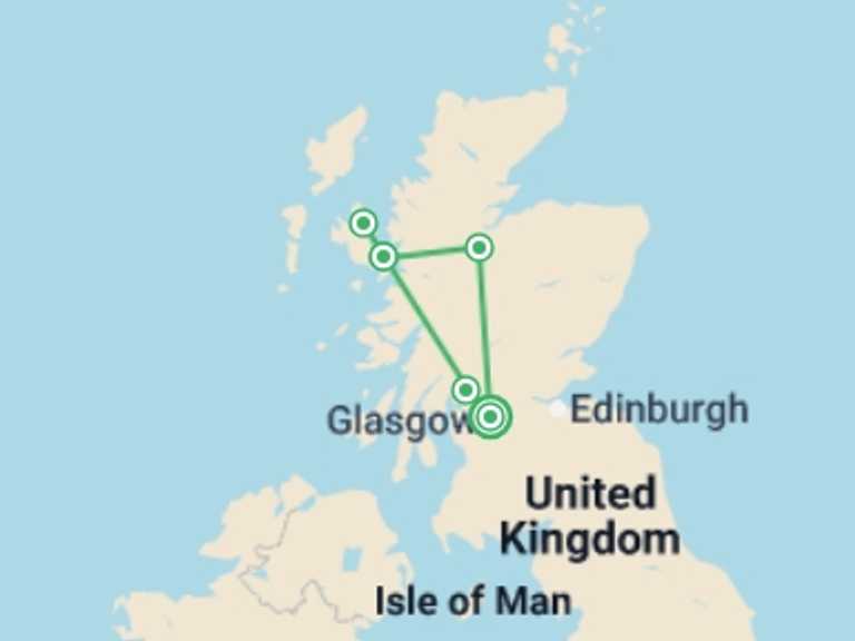 Map of Glasgow Explorer Tour with 2 destination visits for the trip: Glasgow to Skye & Loch Ness - 3 days