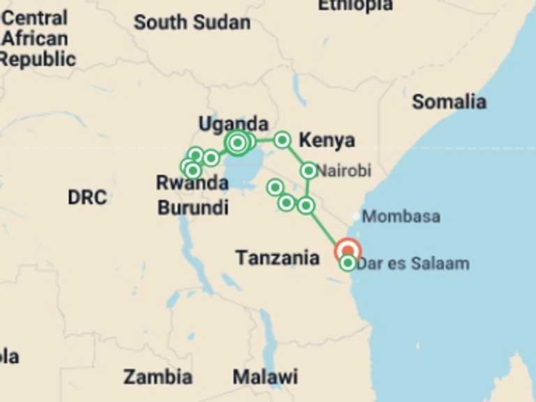 Map of 19-Day Africa Tour with 14 destination visits for the trip: Uganda to Tanzania Overland Safari with Participation Camping