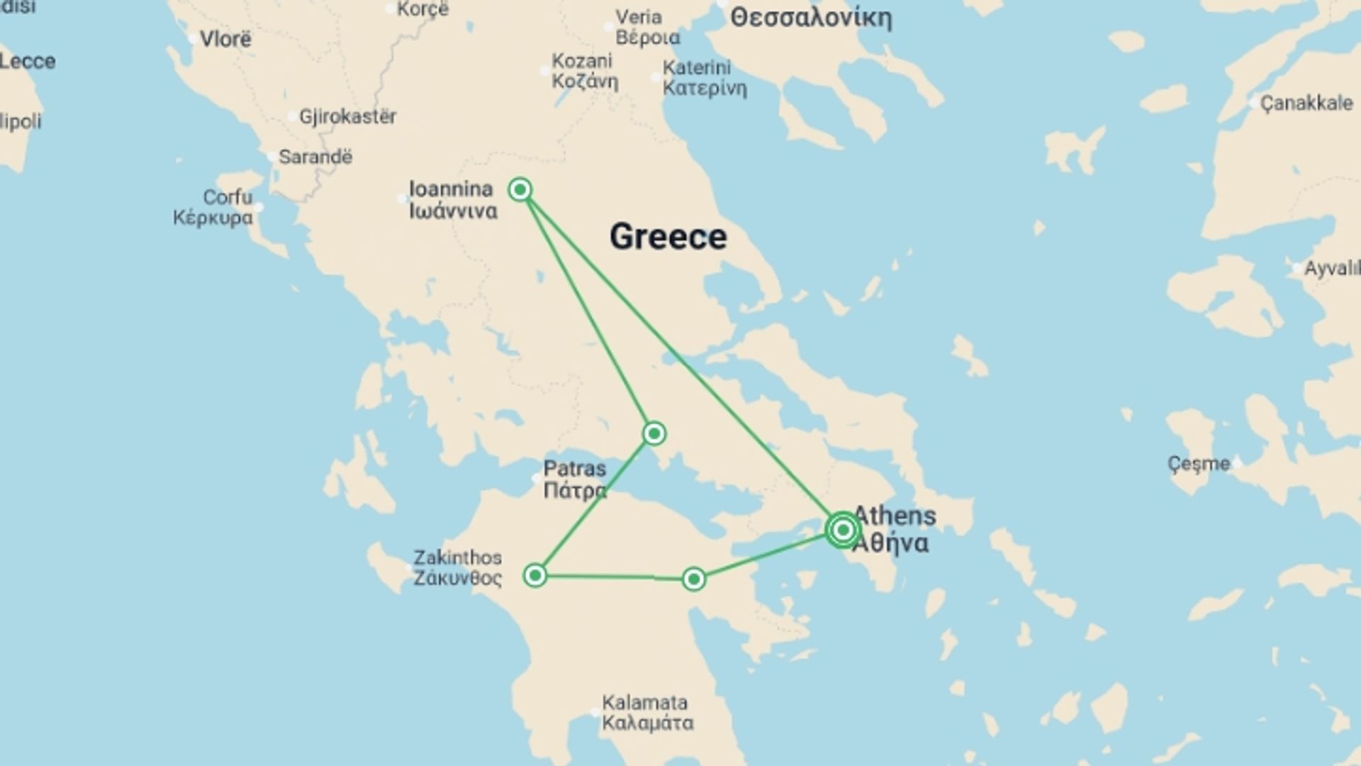 A map showing the tour itinerary for the trip: Classical Greece, starting in Athens, Greece and ending in Athens, Greece going through 4 other destinations.