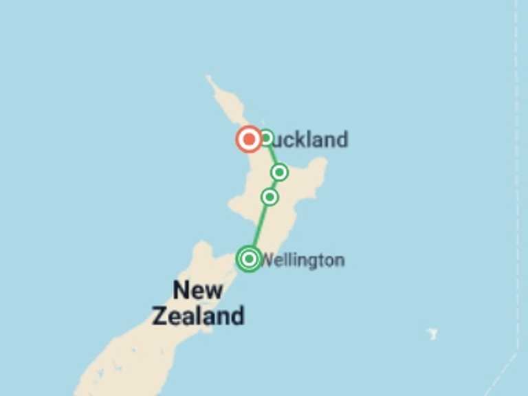 Map itinerary of Oceania Tour in June 2026 with 5 destination visits for the trip: New Zealand Northern Trail (Northbound)