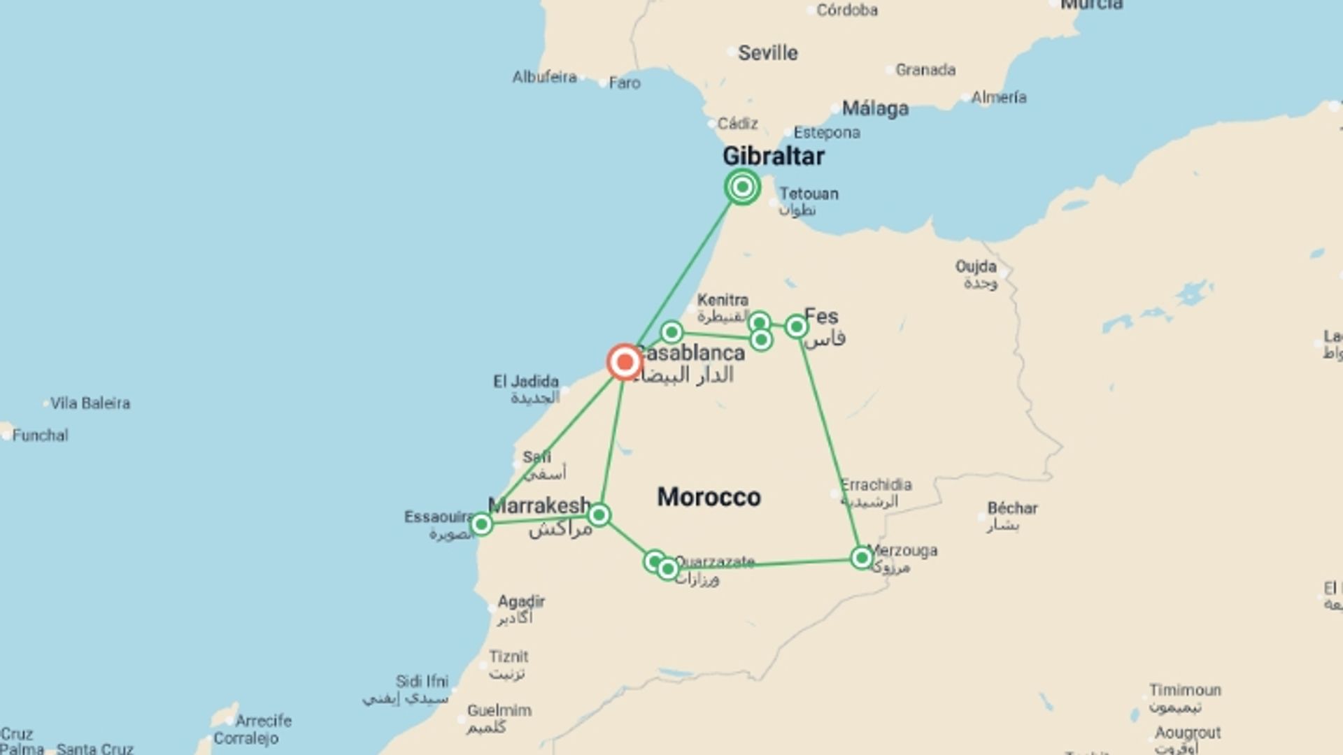 A map showing the tour itinerary for the trip: Casablanca to Essaouira from Tangier - 14 days, starting in Tangier, Morocco and ending in Casablanca, Morocco going through 6 other destinations.