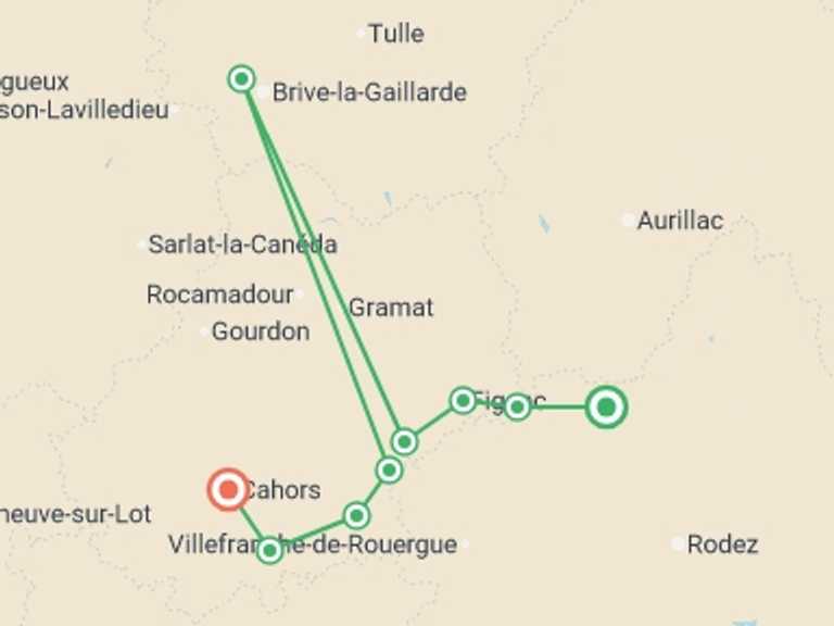 Map itinerary of Mediterranean Tour in April 2026 with 9 destination visits for the trip: Le Puy Camino - Conques to Cahors