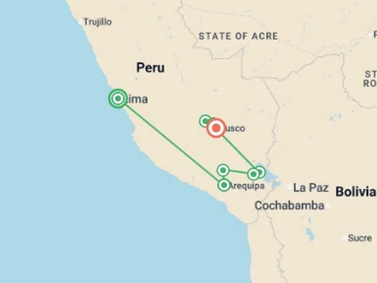 Map of Andes Train Tour with 8 destination visits for the trip: Upgraded - Discover Peru