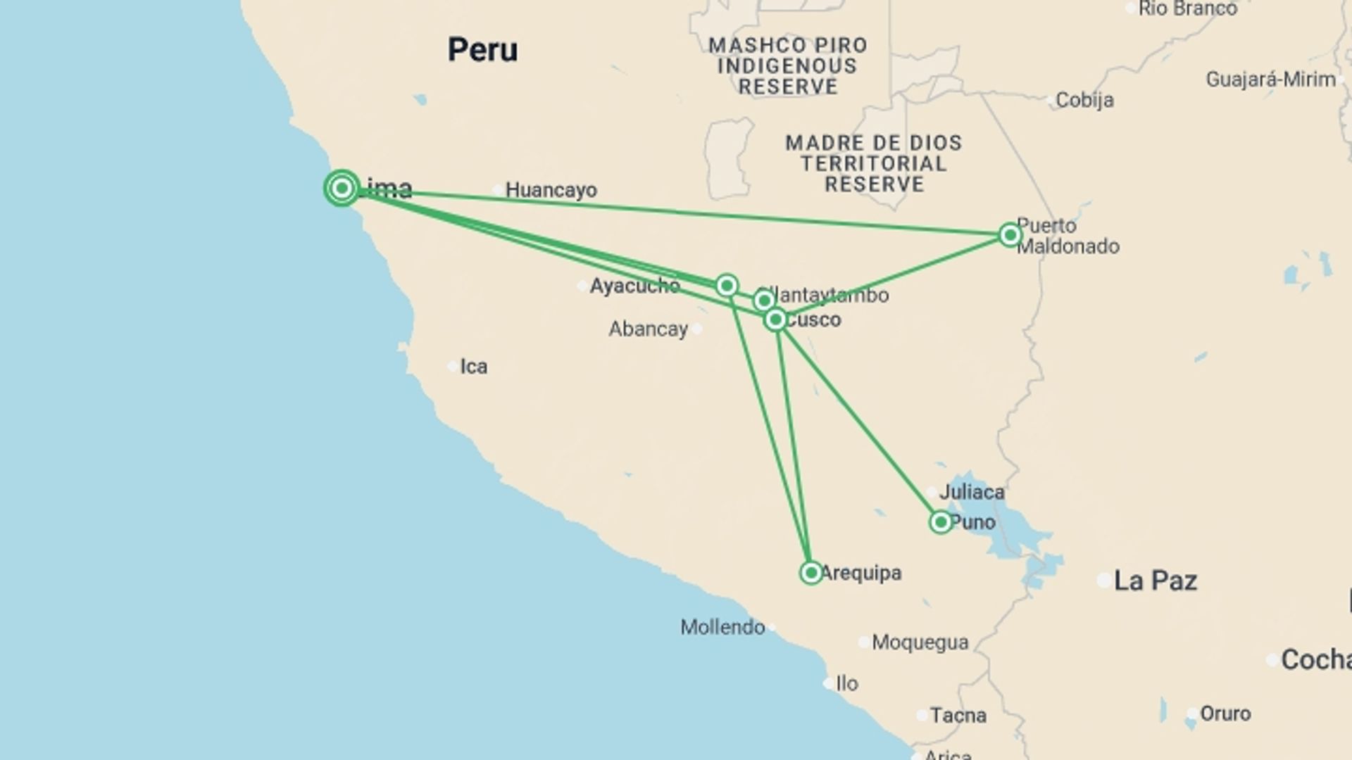 A map showing the tour itinerary for the trip: Peru Uncovered, starting in Lima, Peru and ending in Lima, Peru going through 7 other destinations.