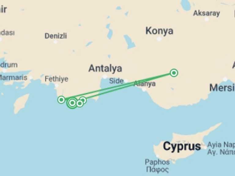 Map of Turkey Cultural, religious and historic sites Tour with 5 destination visits for the trip: Family Turkey Coastal Active Adventure