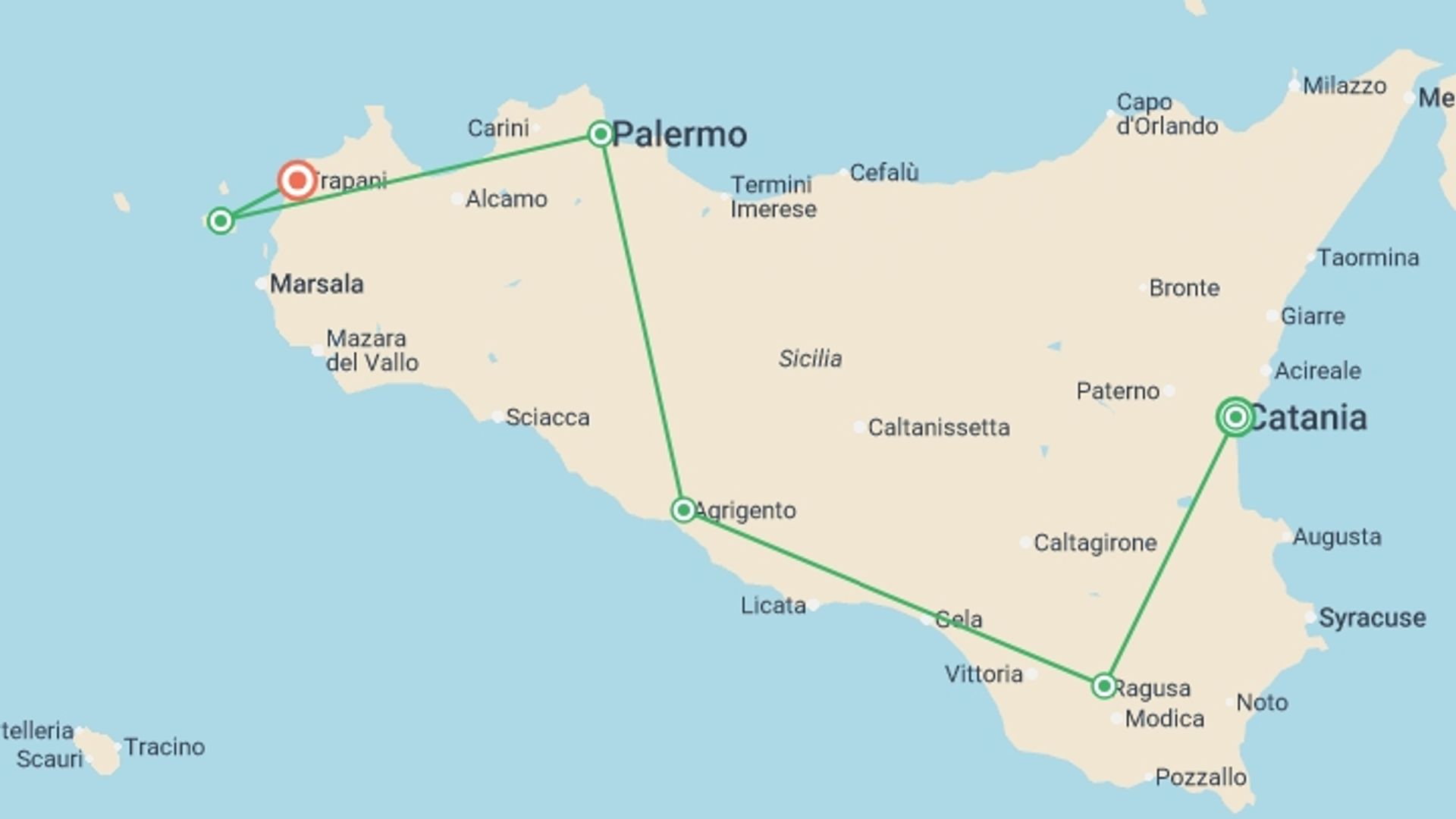 A map showing the tour itinerary for the trip: Sicily & the Aegadian Islands - 10 days, starting in Catania, Italy and ending in Trapani, Italy going through 4 other destinations.