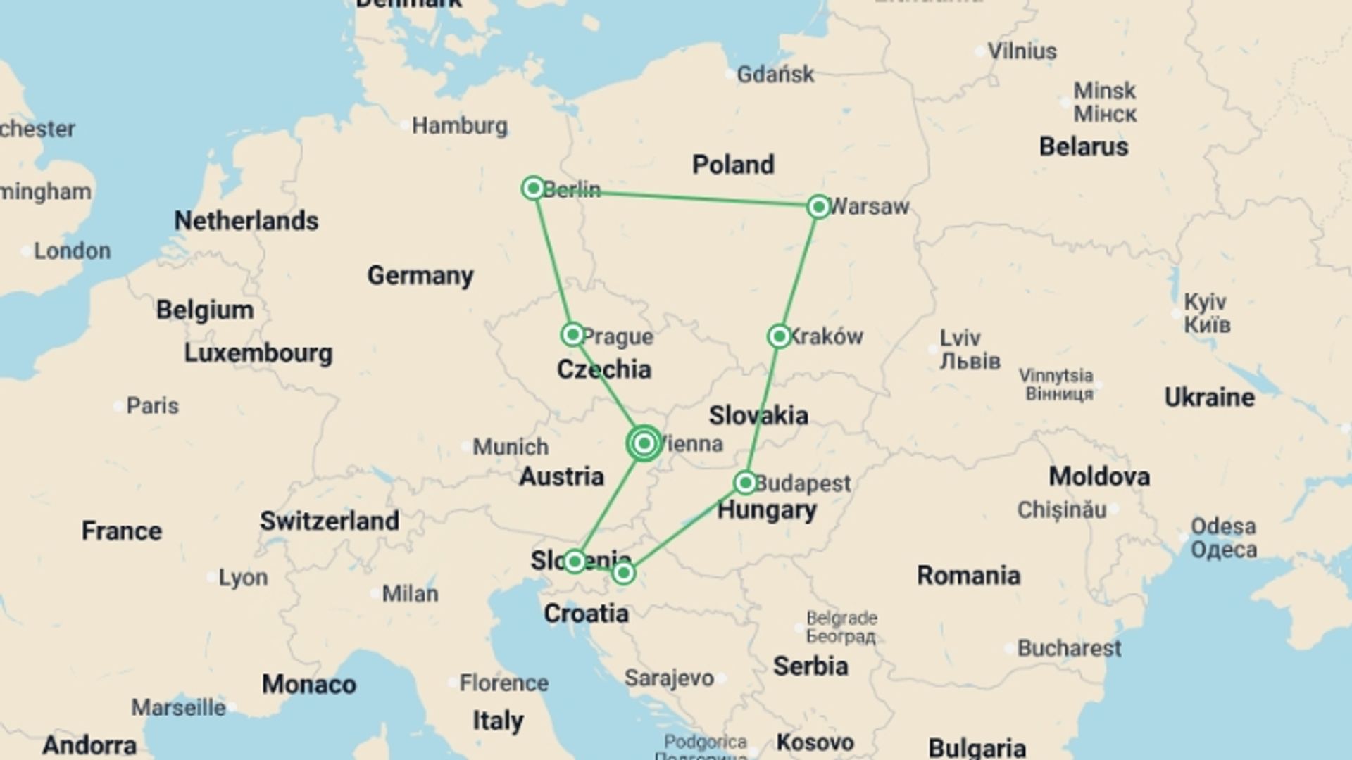 A map showing the tour itinerary for the trip: Highlights of Eastern Europe, starting in Vienna, Austria and ending in Vienna, Austria going through 7 other destinations.