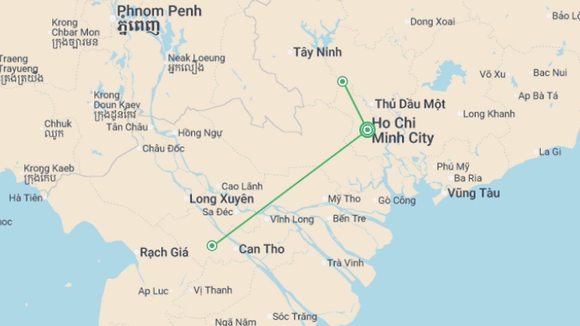A map showing the tour itinerary for the trip: Saigon, Mekong Delta & Cu Chi Express - 5 days, starting in Ho Chi Minh City, Vietnam and ending in Ho Chi Minh City, Vietnam going through 0 other destinations.