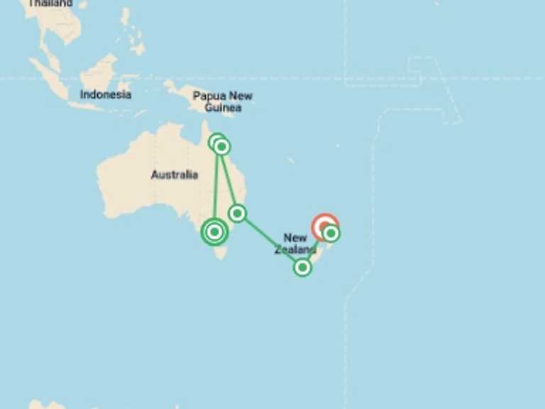 Map of Oceania Tour with 6 destination visits for the trip: Australia and New Zealand Panorama