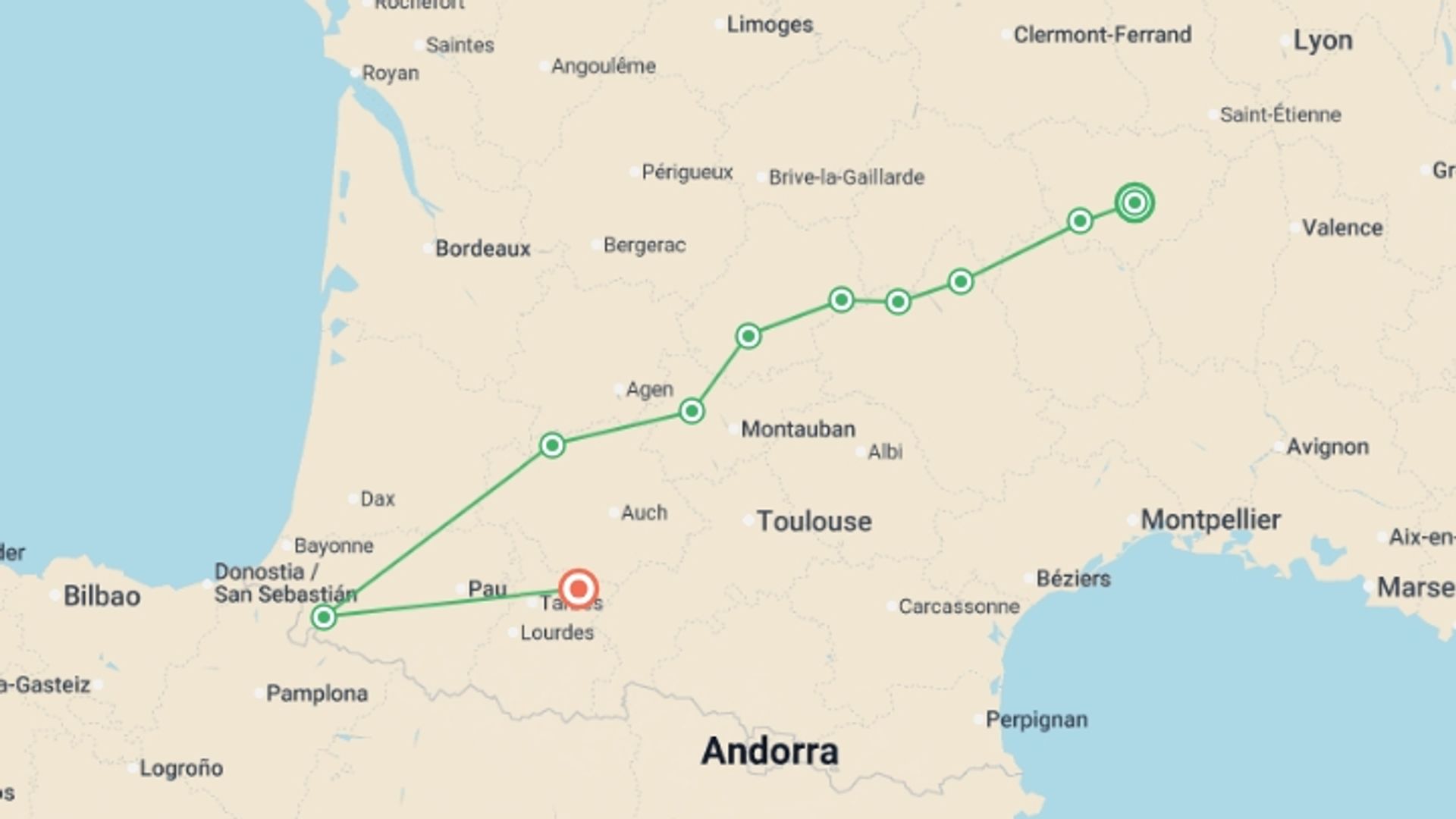 A map showing the tour itinerary for the trip: French Food Lover's Le Puy Camino, starting in Le Puy-en-Velay, France and ending in Pau , France going through 11 other destinations.