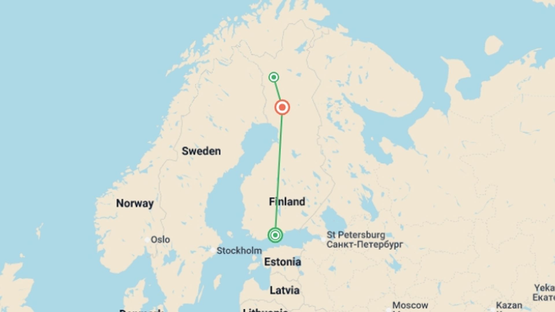 A map showing the tour itinerary for the trip: Finland Family Holiday, starting in Helsinki, Finland and ending in Rovaniemi, Finland going through 1 other destinations.