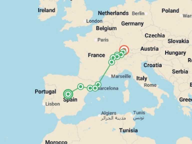 Map of 8-Day Madrid Tour with 6 destination visits for the trip: Madrid to Zurich