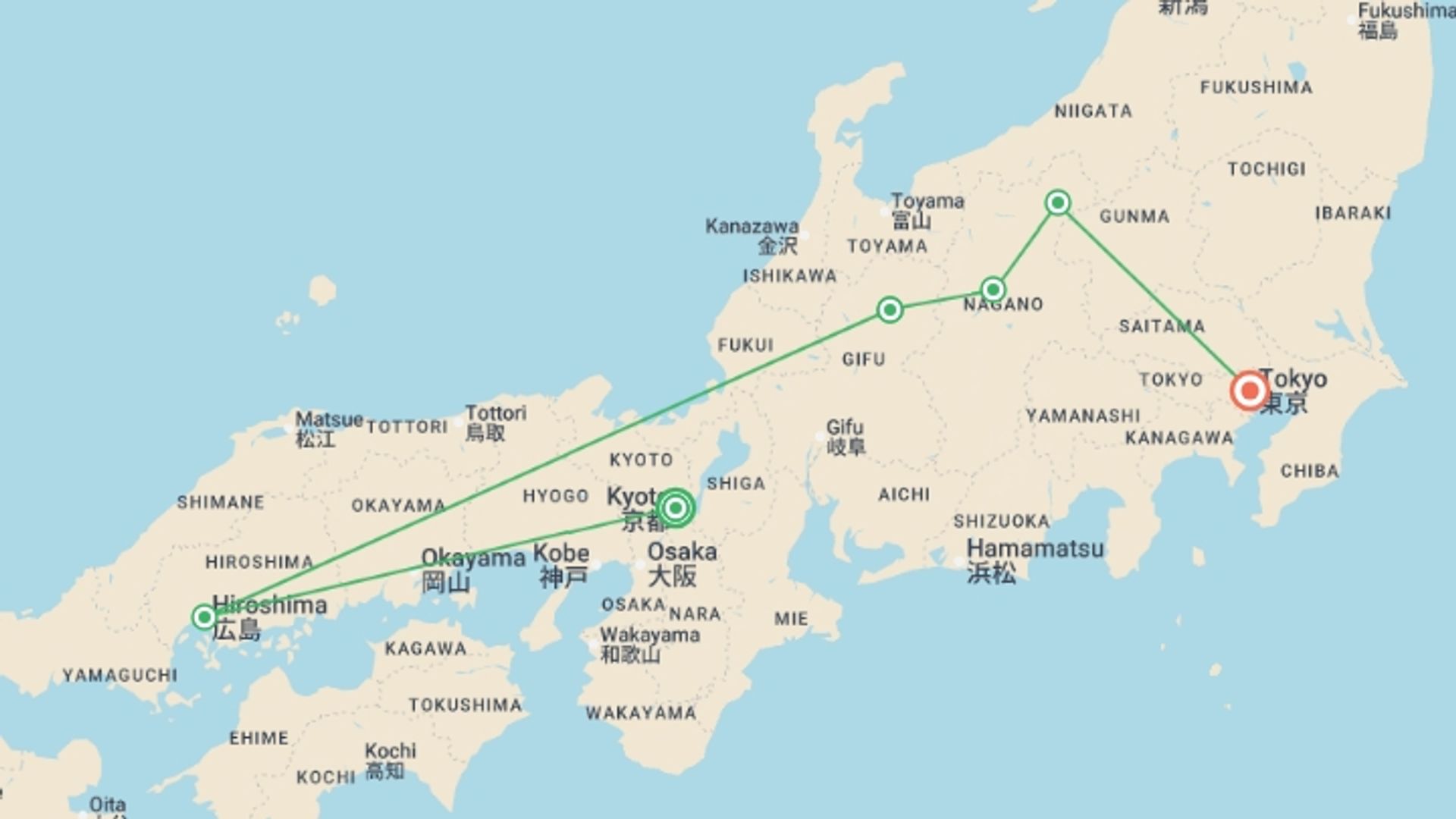 A map showing the tour itinerary for the trip: Ancient & Modern Japan, starting in Kyoto, Japan and ending in Tokyo, Japan going through 4 other destinations.