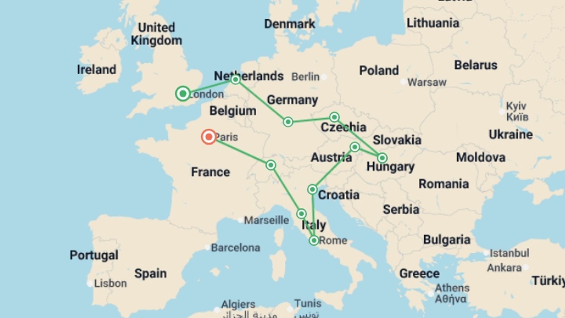 A map showing the tour itinerary for the trip: Romantic European, starting in London, England and ending in Paris, France going through 9 other destinations.