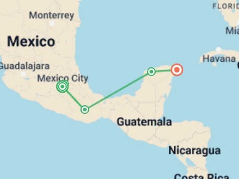 Map of a Food Tour with 4 destination visits for the trip: Mexico City, Oaxaca City & Merida City (delight Mexican Cuisine)