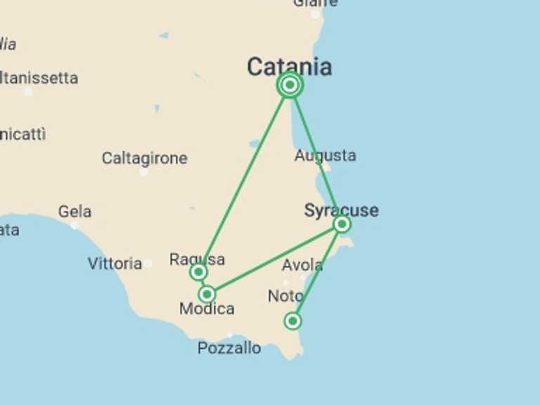 Map of Italy Tour with 3 destination visits for the trip: South-oriental Sicily Beauty, Self-drive