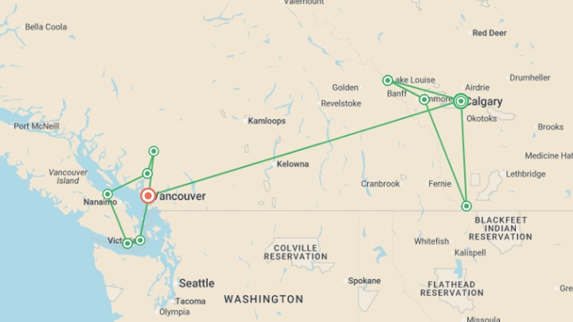A map showing the tour itinerary for the trip: Active West Coast & Canadian Rockies, starting in Calgary, Canada and ending in Vancouver, Canada going through 7 other destinations.