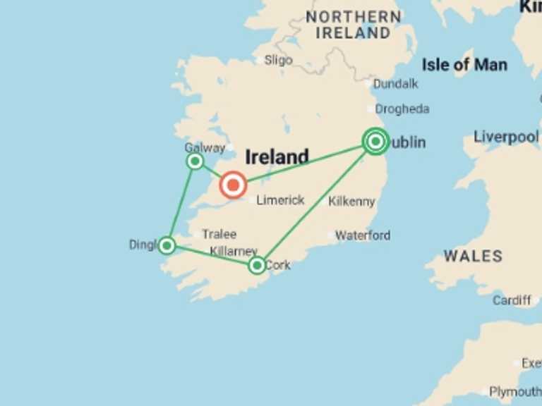 Map of Ireland Tour with 2 destination visits for the trip: Countryside of the Emerald Isle 