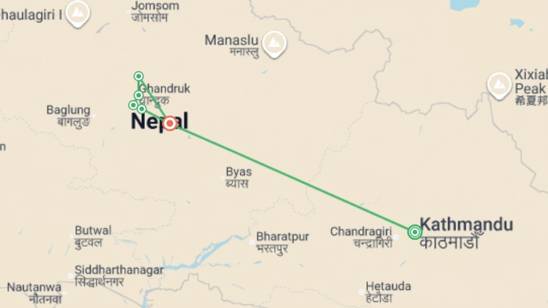 A map showing the tour itinerary for the trip: Premium Hiking and Trekking in Nepal's Annapurna region, starting in Kathmandu, Nepal and ending in Pokhara, Nepal going through 4 other destinations.