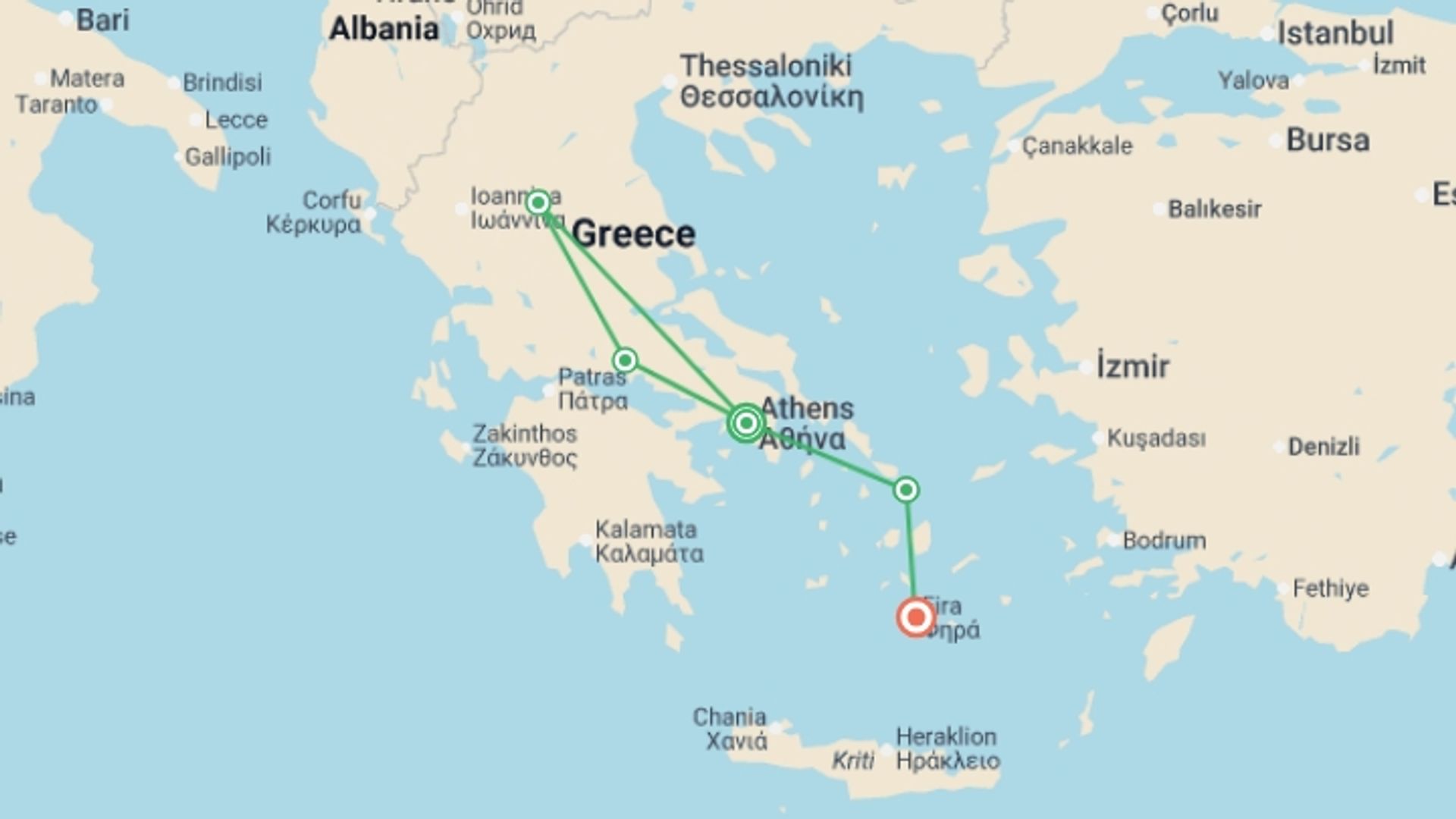 A map showing the tour itinerary for the trip: Exploring Greece With Athens, Delphi, Meteora, Mykonos And Santorini, starting in Athens, Greece and ending in Santorini, Greece going through 2 other destinations.