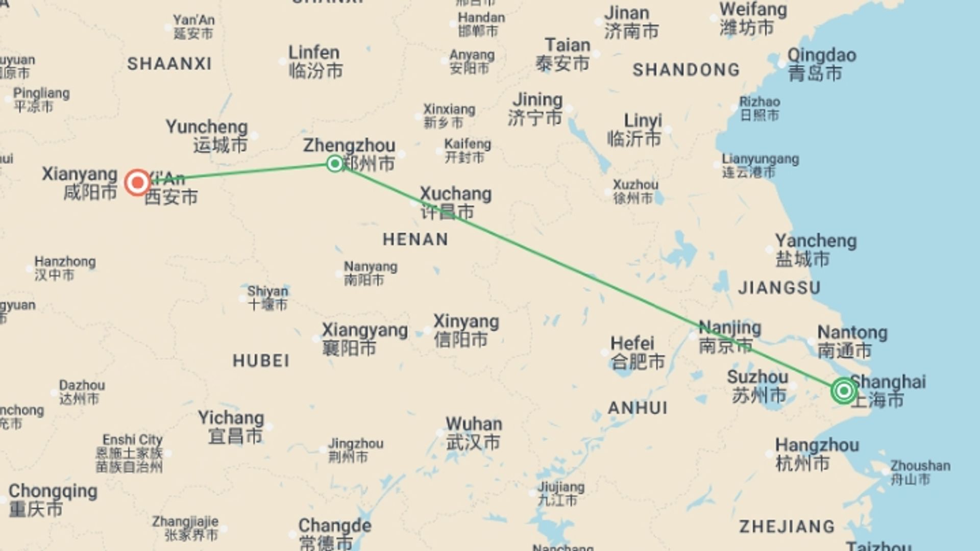 A map showing the tour itinerary for the trip: Classical China end Xian, starting in Shanghai, China and ending in Xian, China going through 1 other destinations.