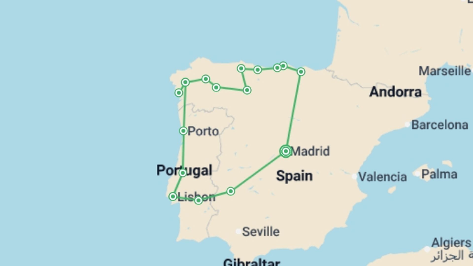 A map showing the tour itinerary for the trip: Iberian Triangle, starting in Madrid, Spain and ending in Madrid, Spain going through 5 other destinations.