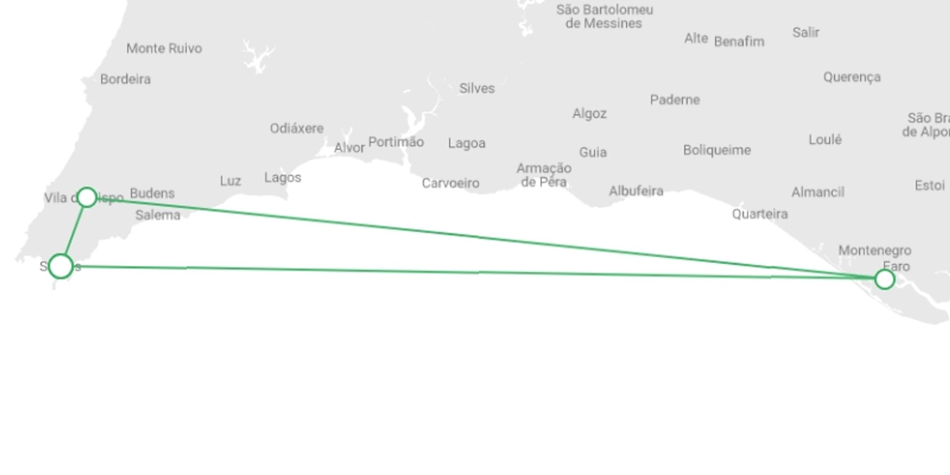 A map showing the tour itinerary for the trip: Walk the Algarve's Wild West, starting in Sagres, Portugal and ending in Sagres, Portugal going through 2 other destinations.