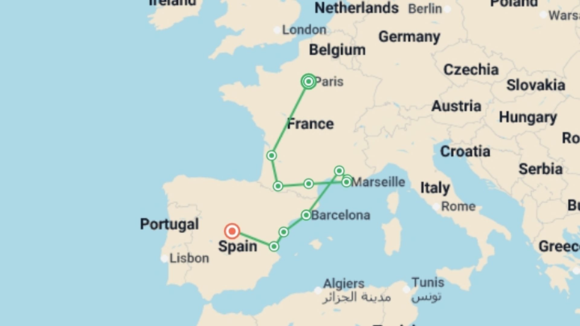 A map showing the tour itinerary for the trip: Paris, Lourdes, Côte d Azur, Provence and Barcelona with Madrid, starting in Paris, France and ending in Madrid, Spain going through 3 other destinations.