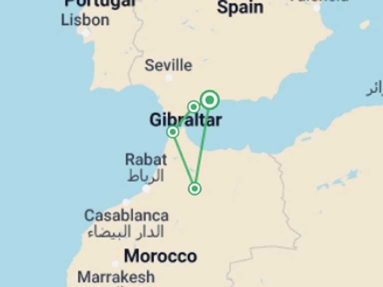 Map itinerary of Spain Tour in February 2026 with 4 destination visits for the trip: Morocco Flash, 4 Days From Costa Del Sol