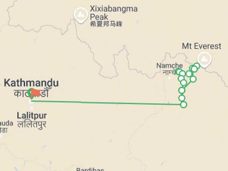 Map of 14-Day Kathmandu Tour with 12 destination visits for the trip: Gokyo and Everest Base Camp trek
