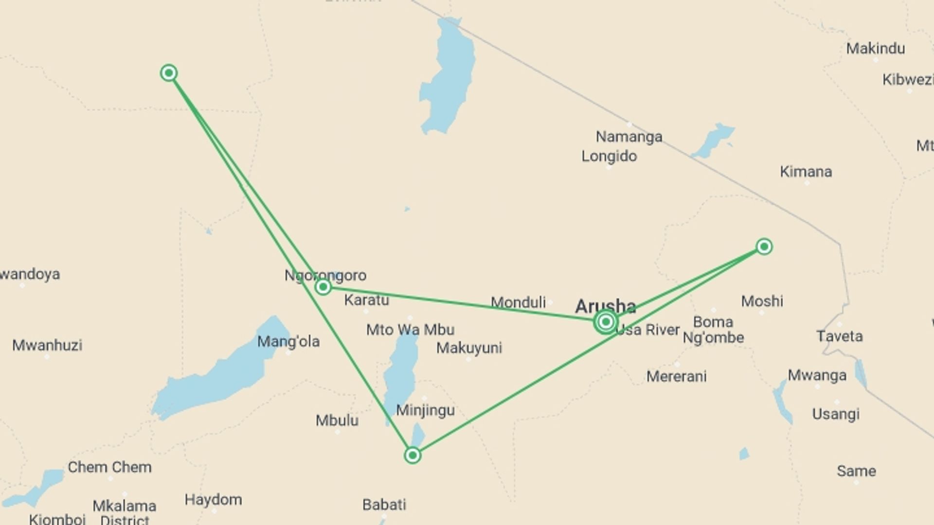 A map showing the tour itinerary for the trip: Wild About Tanzania - 10 days, starting in Arusha, Tanzania and ending in Arusha, Tanzania going through 4 other destinations.