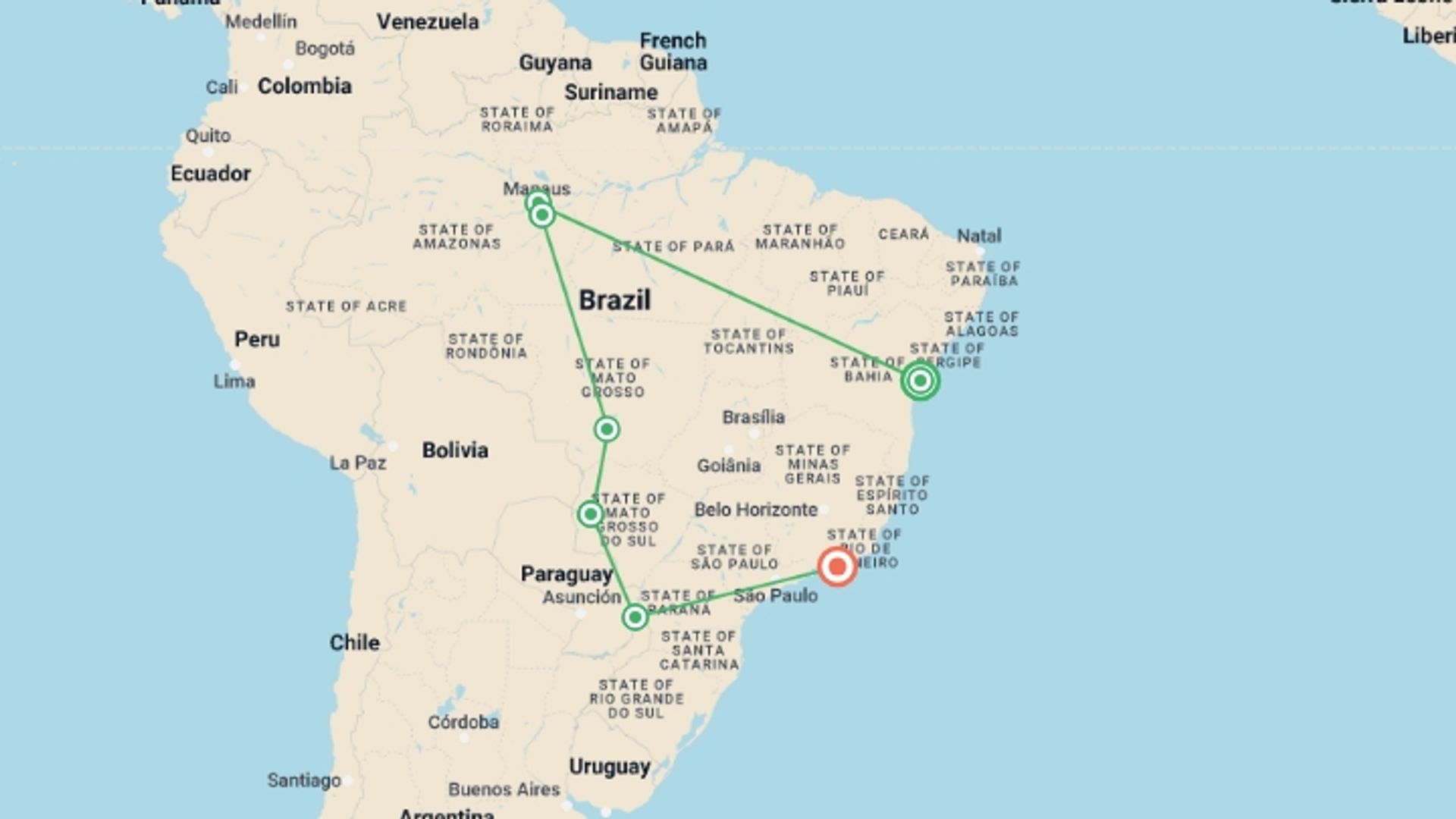A map showing the tour itinerary for the trip: Pure Brazil, starting in Salvador, Brazil and ending in Rio de Janeiro, Brazil going through 7 other destinations.
