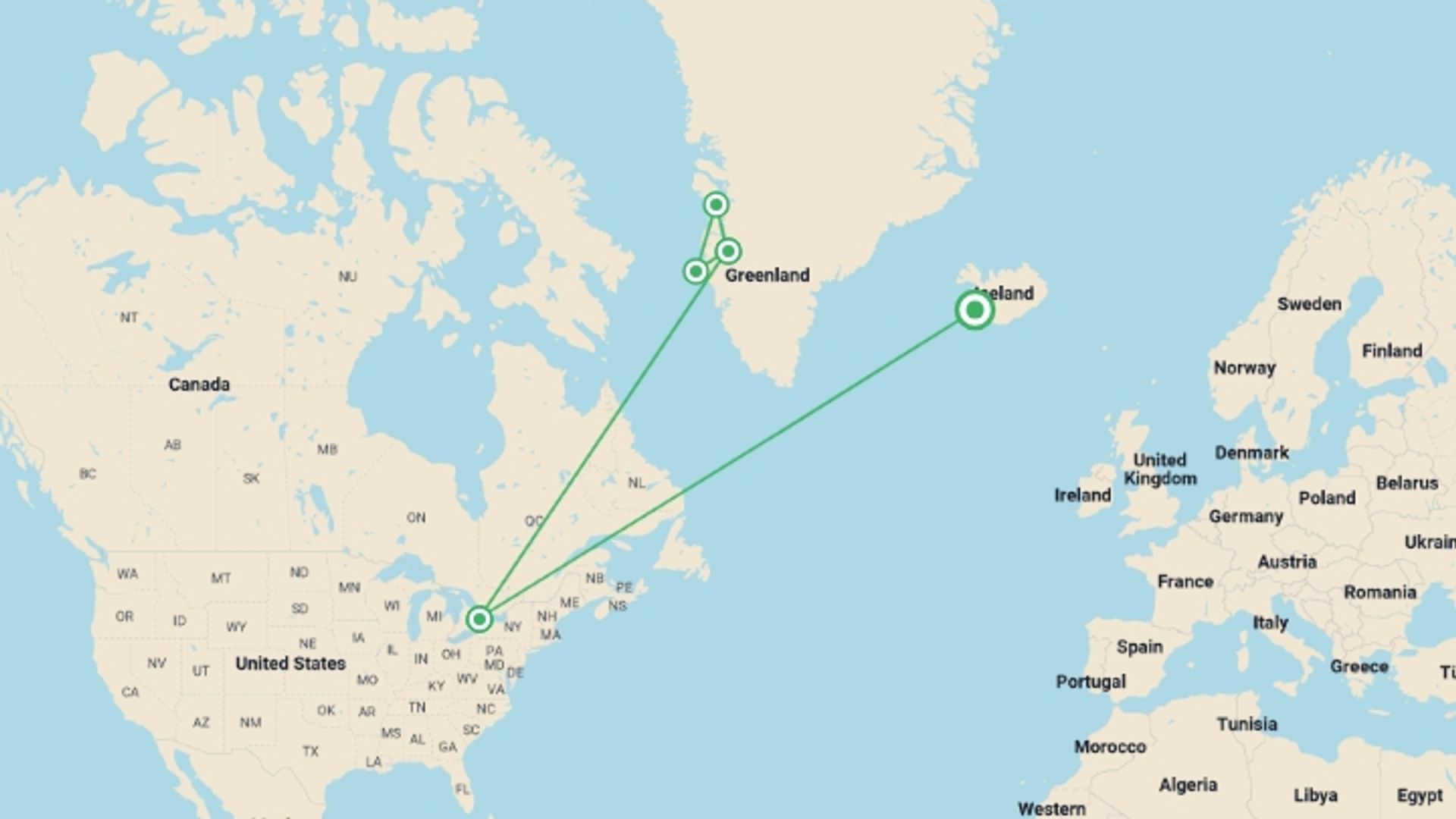 A map showing the tour itinerary for the trip: West Greenland Ice Odyssey: Glaciers and Icebergs, starting in Reykjavik, Iceland and ending in Reykjavik, Iceland going through 3 other destinations.